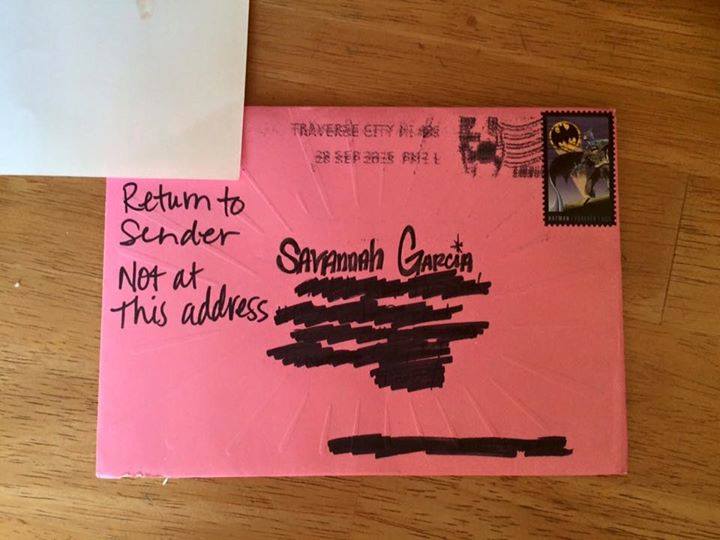 Hannah returned mail pink