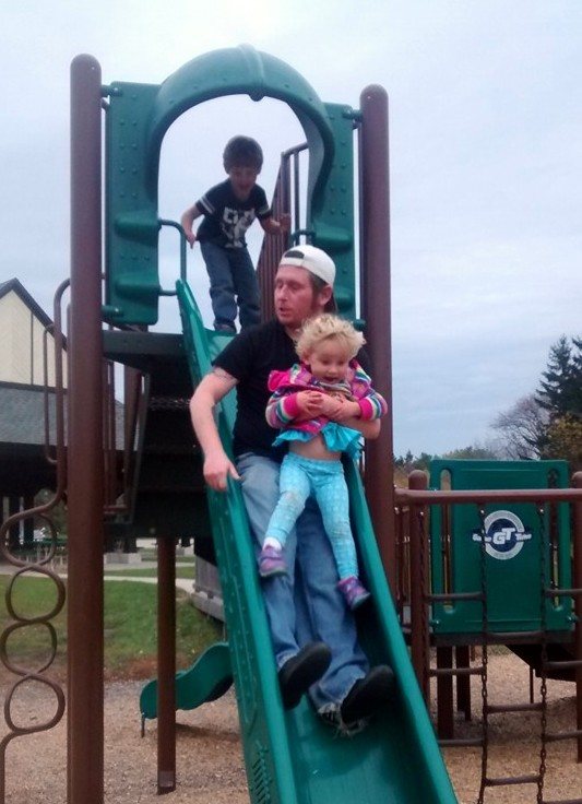 10.21.15, Last visitwith children. Jeremy and Lexi going down big slide, with Ashton following. Image from Facebook.