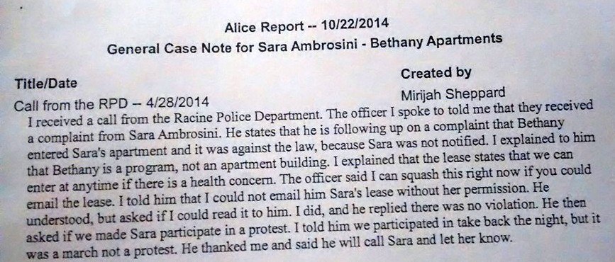 4.24.14 Sara reports illegal entry of Bethany staff to police