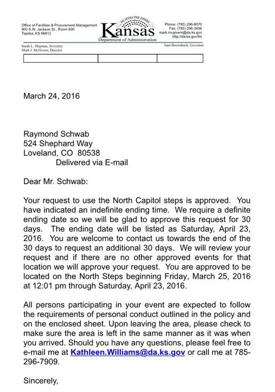 Schwab approved to camp at capitol letter