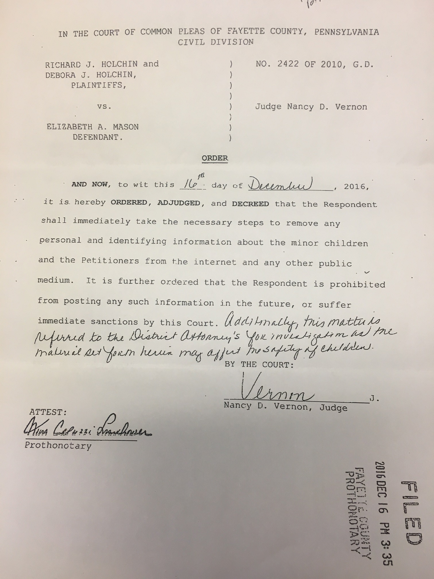 Judge Vernon Court Order Pennsyvania