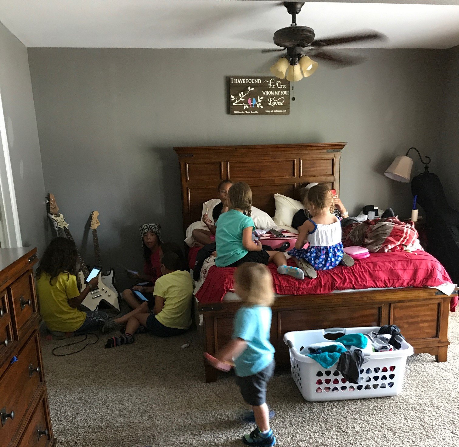 Children Home Gathered in Parent's Room, Just Like Old Times.