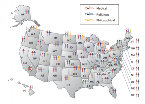NVIC Vaccine Exemption map