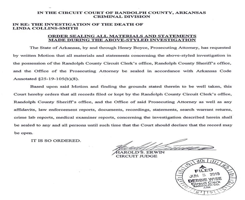 Court order to seal records Linda Collins-Smith