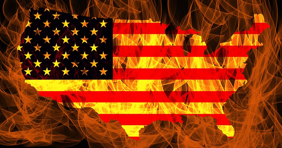 Riots In The United States. Usa Flag And Map Contour Line On Fir